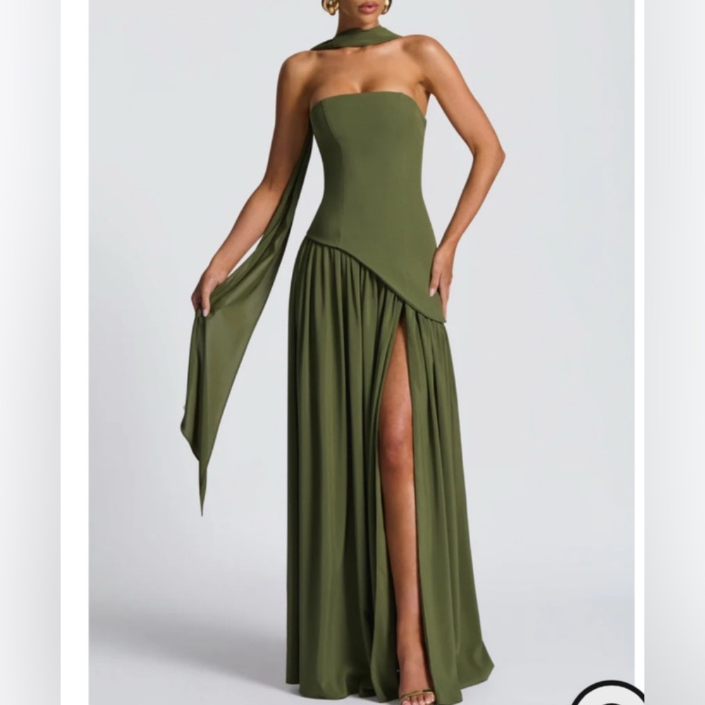 Elegant Strapless Olive Green Dress